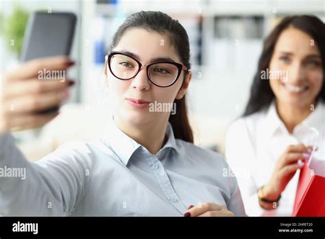 Lovely Brunette Women Take Selfie At Work Pose For Picture Pretty