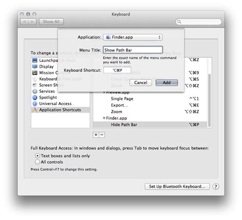 macos creating  keyboard shortcut  show path bar  finder