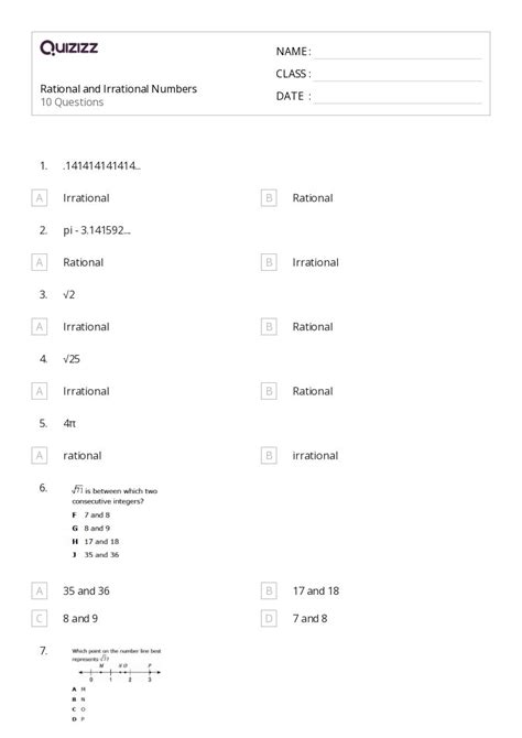 Irrational Numbers Worksheets For Th Grade On Quizizz Free