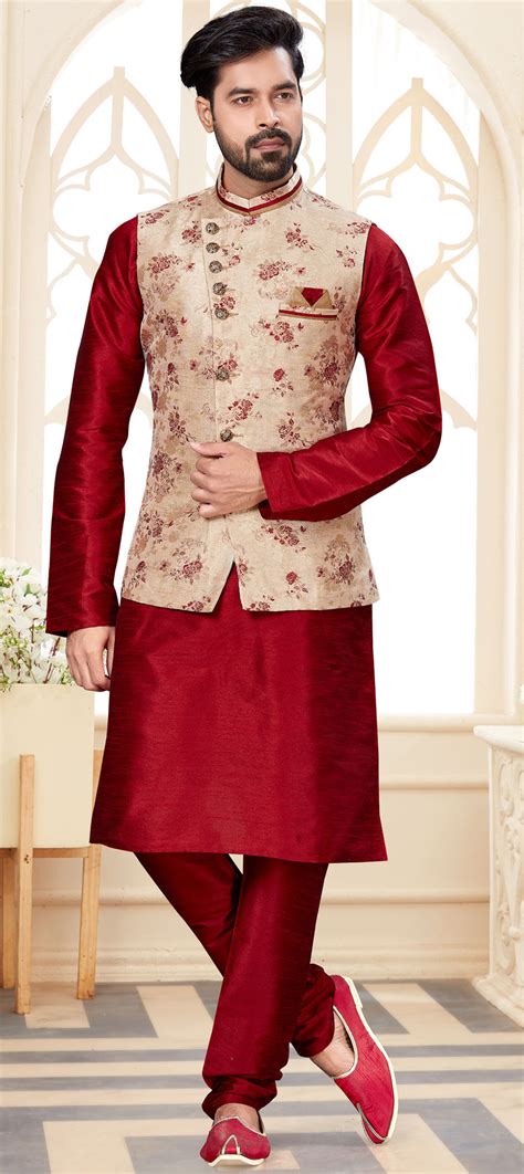 Red And Maroon Color Dupion Silk Fabric Kurta Pyjama With Jacket 1699671