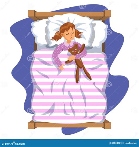 Cartoon Smile Little Girl Sleeping In The Bed With Teddy Bear Stock