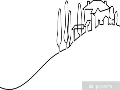 Wall Mural Continuous Line Drawing Landscape With Village On Hill