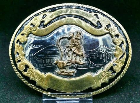 Calf Roping Belt Buckle With Rope Border Western Rodeo Trophy Etsy