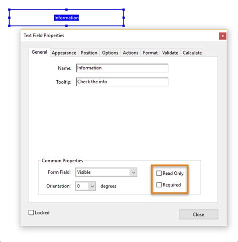 Adobe Acrobat Text Field Properties