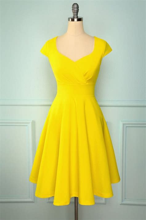 Enfärgade Elastisk 50 Tals Klänning Vintage Swing Dress Yellow