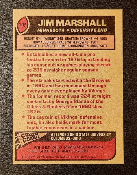 1977 Topps Football JIM MARSHALL 105 Minnesota Vikings HOF EBay