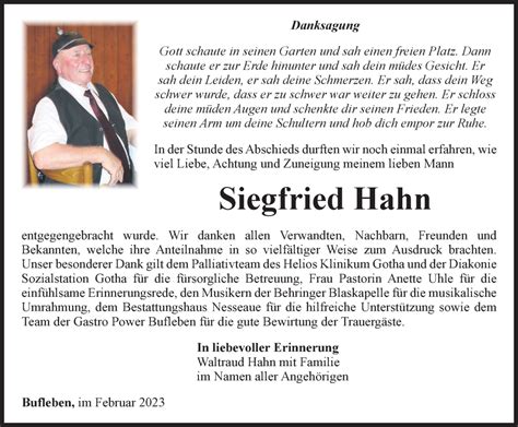 Traueranzeigen Von Siegfried Hahn Trauer In Thueringen De