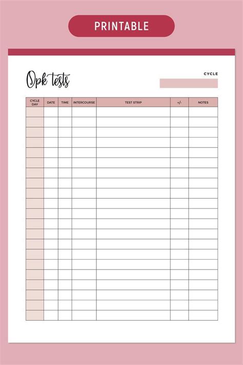 Printable OPK Test Sheet, Ovulation Tracker, Fertility Planner ...