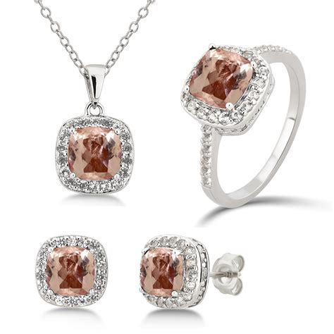 Diam Accent Created Morganite White Sapphire Sterling Silver Pcs