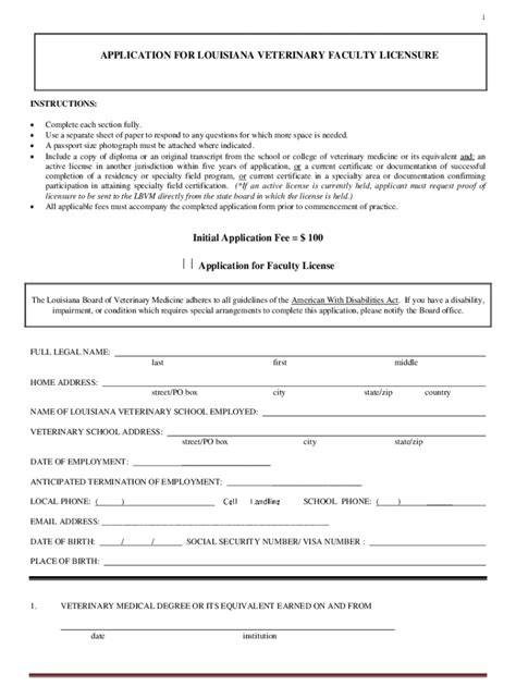 Fillable Online APPLICATION FOR LOUISIANA VETERINARY FACULTY LICENSURE