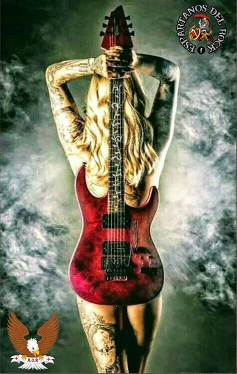 Rock and Roll Girl with Tattoos and Red Guitar