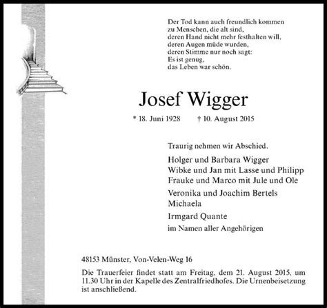 Traueranzeigen Von Josef Wigger Trauer Ms