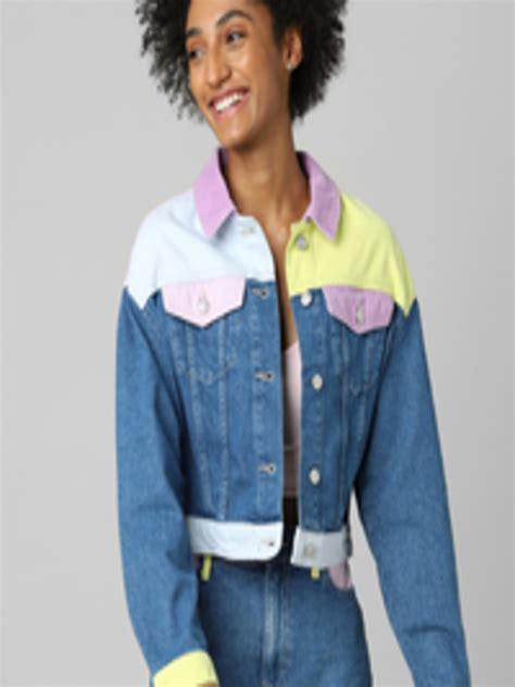 Buy Only Women Blue Colourblocked Crop Denim Jacket Jackets For Women 19175660 Myntra