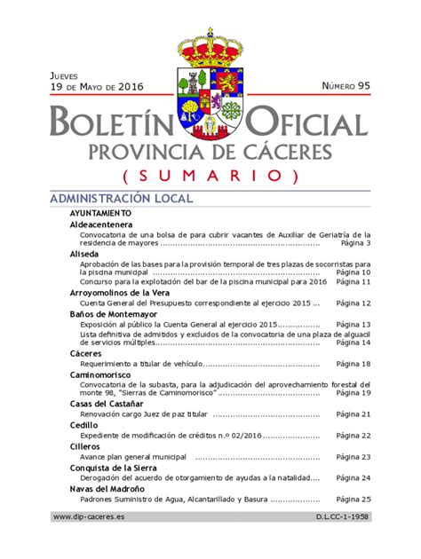 Completable En línea Boletn Oficial de la Provincia de Cceres Boletn N