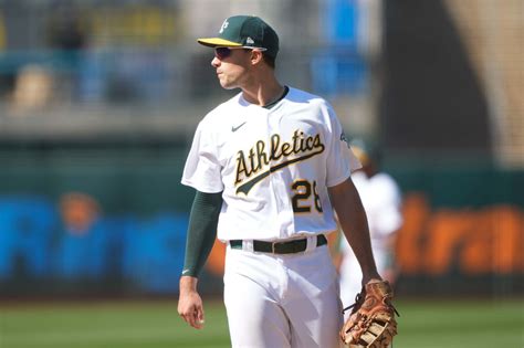 Oakland Athletics' Matt Olson sits out after batting practice mishap