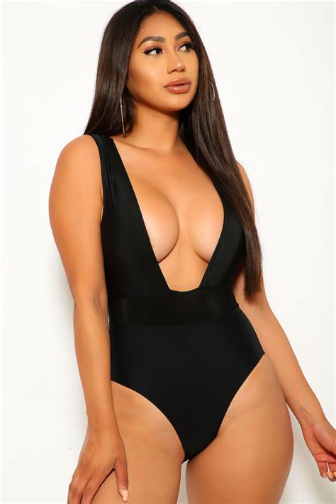 Black Plunge Neckline Sexy One Piece Bikini Women Of Edm