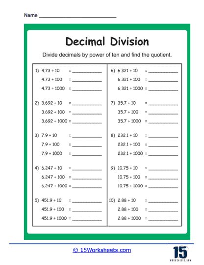 Decimals Worksheets 15