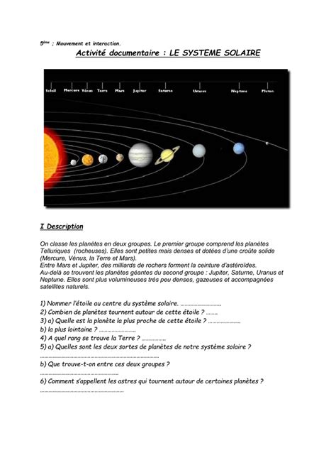 Activit Sur Le Syst Me Solaire R Vision
