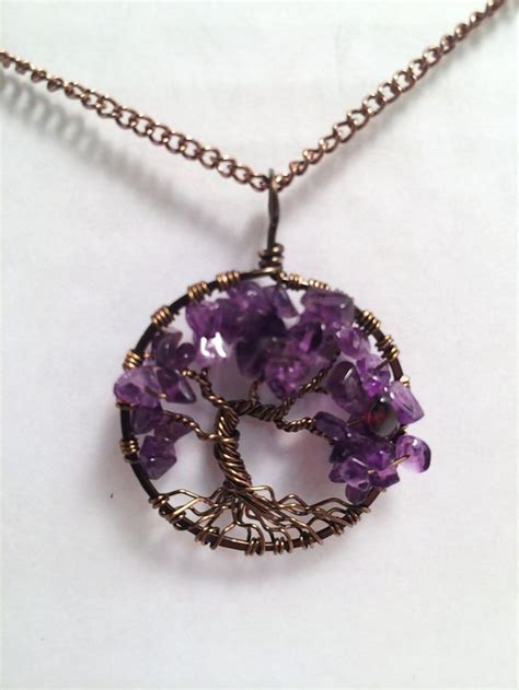 Tree Of Life Necklace Amethysth Pendant Silver Chain Brown Wire Wrapped