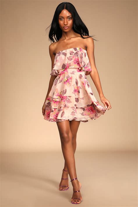 Pink Floral Mini Dress Jacquard Dress Ruffled Strapless Dress Lulus