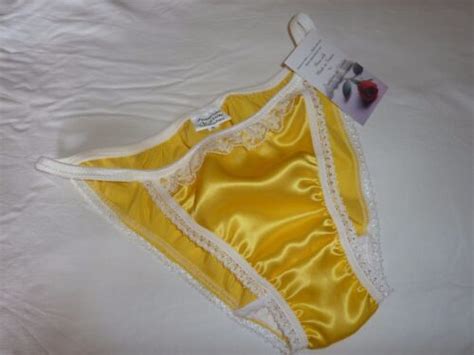 Yellow Shiny Satin Panties Mini Tanga String Bikini Ivory Lace Made In