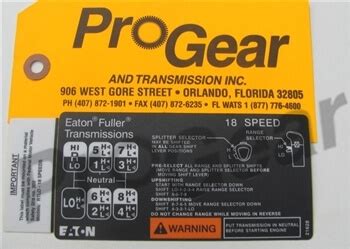 18 Speed Shift Pattern Diagram. Eaton Fuller Transmission P/N: 21628