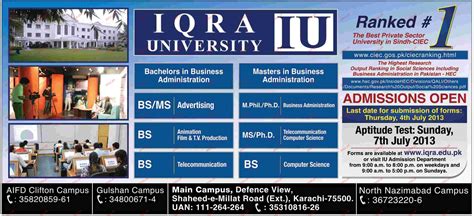 Admission In Bs Ms Mphill And Phd In Iqra University Private