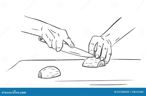 Close Up Hands Cutting Onion With Knife On Chopping Board Vector