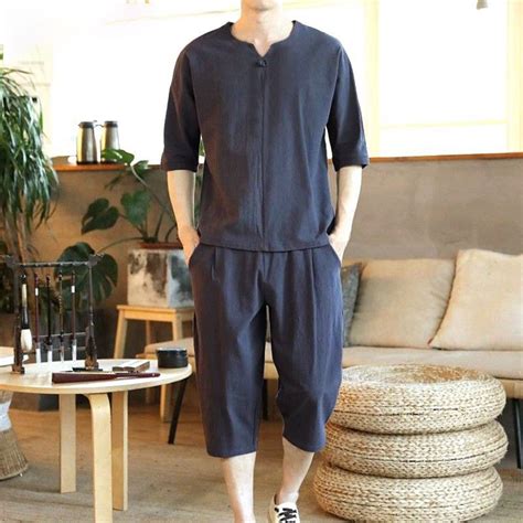 Mens Suits Tang Short Sleeved Cane Loose T Shirt Casual Two Piece Set