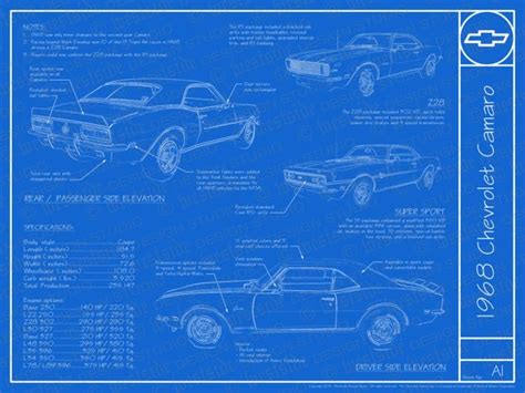 1968 Chevrolet Camaro Blueprint Poster 18x24 Jpeg