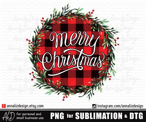 Merry Christmas Wreath Buffalo Plaid Sublimation Design Etsy