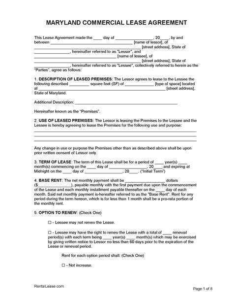 Free Maryland Rental Lease Agreement Templates PDF Word