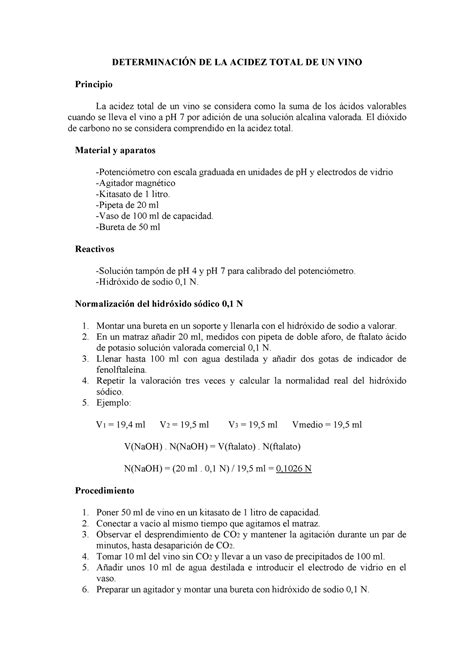 Acidez total del vino DETERMINACIÓN DE LA ACIDEZ TOTAL DE UN VINO