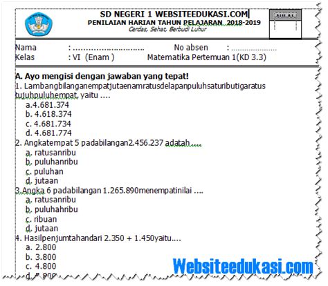 Soal PH Matematika Kelas 6 Semester 1 K13 Revisi 2018 Dicarigurucom