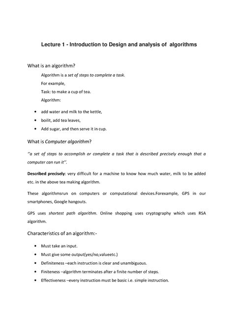 Design And Analysis Of Algorithm Lecture 1 Introduction To Design And Analysis Of Algorithms