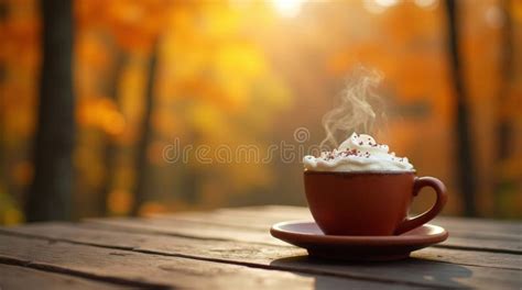 Hot Cocoa With Whipped Cream On Wooden Table In Autumn Forest With Warm