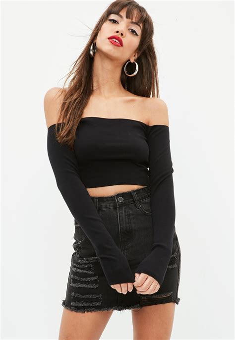 Black Bardot Knitted Croptop Missguided Knit Outfit Knit Top Online Clothing