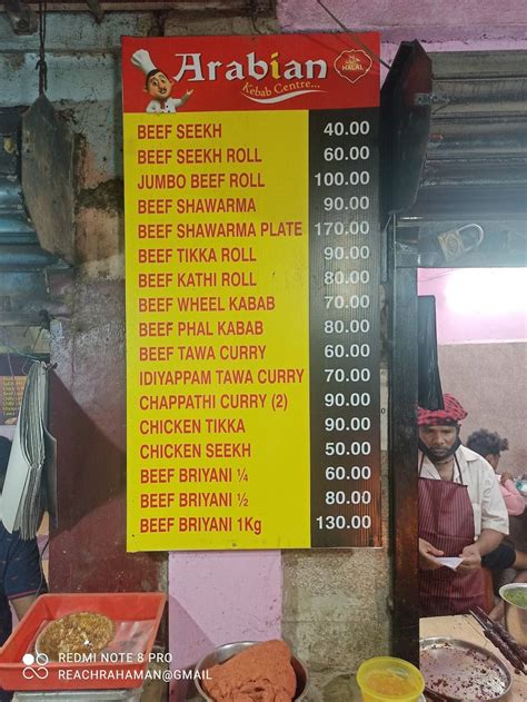 Menu At Arabian Kabab Centre Chennai 217