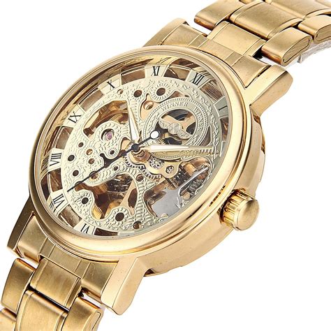 Golden Mens Skeleton Wristwatch Stainless Steel Band Steampunk Casual