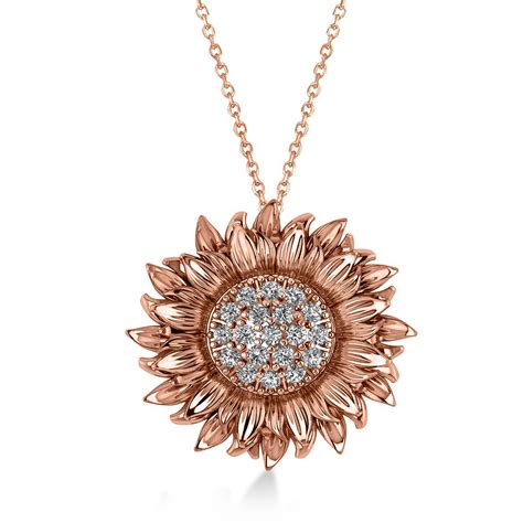 Large Sunflower Diamond Pendant Necklace 14k Rose Gold 0 38ct AZ9792