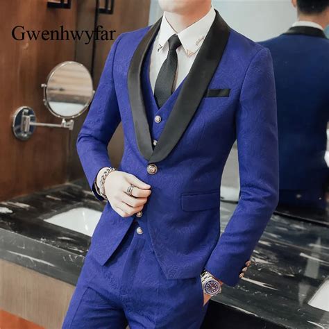 Gwenhwyfar 2018 New Tuxedos Men Black Shawl Lapel Jacquard Suits Royal