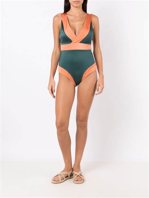 Brigitte Panelled V Neck Swimsuit Green Farfetch