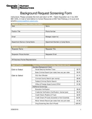 Fillable Online W1 Ohr Gatech Background Request Screening Form Fax