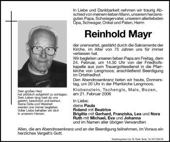 Traueranzeigen Von Reinhold Mayr Trauer Bz