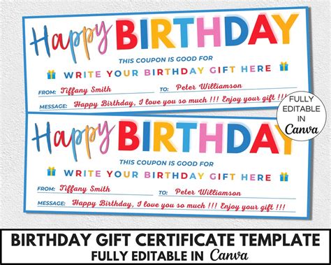 Birthday Gift Certificate Template Editable Birthday Gift - Etsy