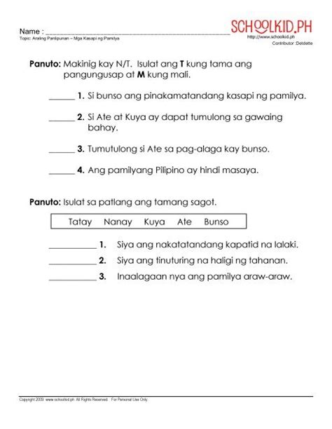 Mga Gawain At Tungkulin Ng Bawat Kasapi Ng Pamilya Worksheet Sibawate