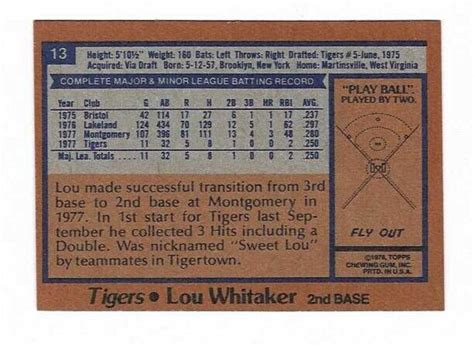 Burger King Detroit Tigers Lou Whitaker Rc Rookie Card Ebay