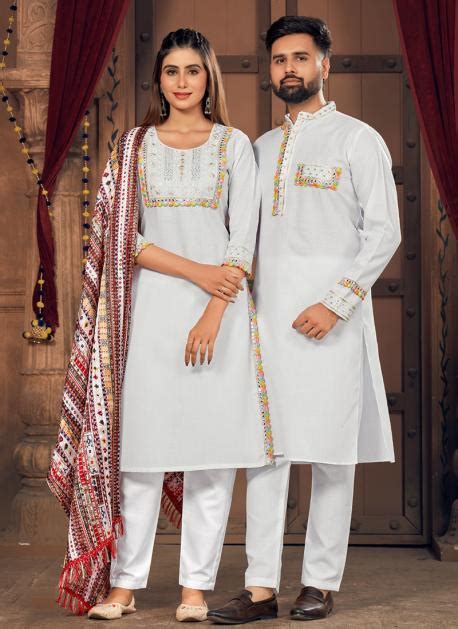 Buy Navratri Wear White Embroidery Work Pure Cotton Couple Kurta Pajama