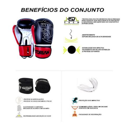 Kit Boxe Muay Thai Pretorian First Luva Preta E Vermelha Bandagem