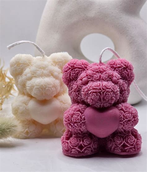 Bougie Coeur Ours En Peluche Cadeau Fait Main Nounours Aux Roses Bougie